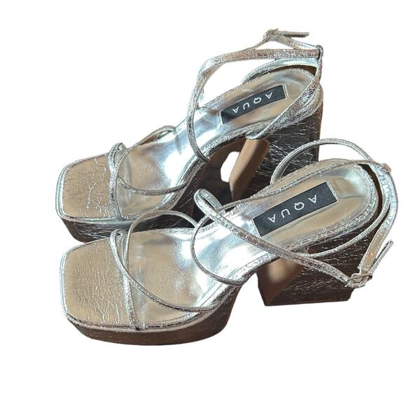 Aqua Chanc Metallic Silver High Heel Platform Sandals Square Toe Strappy NEW 8.5 - Picture 2 of 10